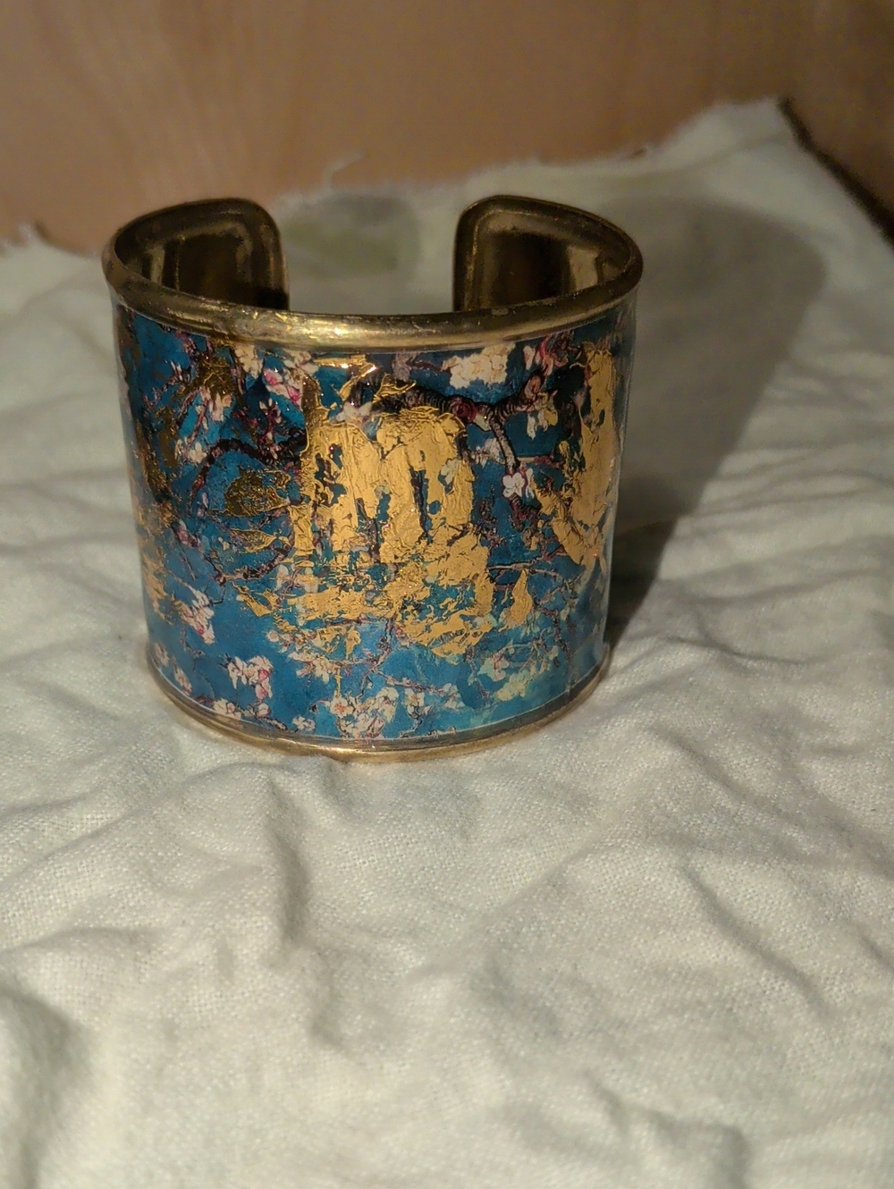 Blue and Gold Marbled Wide Cuff Bracelet Metal Adjustable Bracelet QVC
